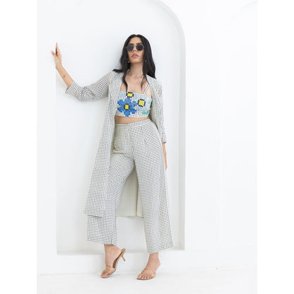 POOJA RAJGARHIA GUPTA White Grid Jacket With Bustier And Pant (Set of 3)