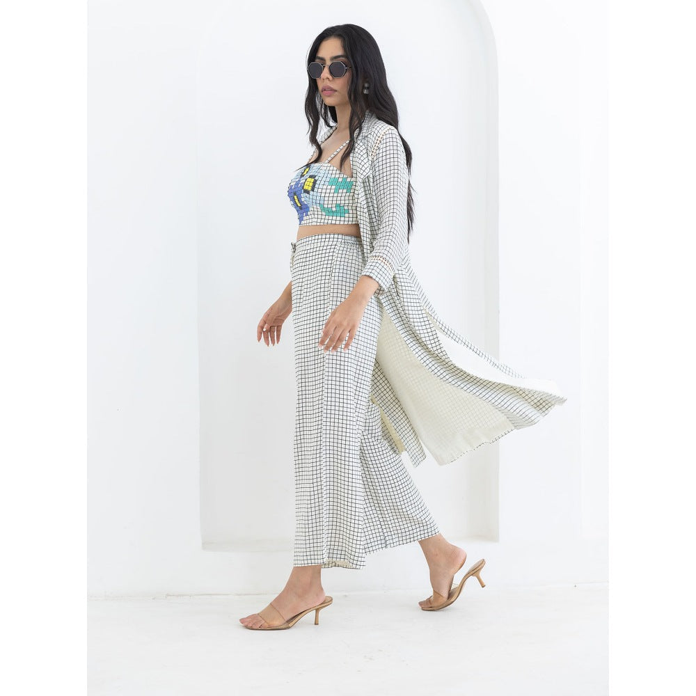 POOJA RAJGARHIA GUPTA White Grid Jacket With Bustier And Pant (Set of 3)