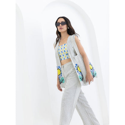 POOJA RAJGARHIA GUPTA White Grid Sunflower Jacket With Bustier And Pant (Set of 3)