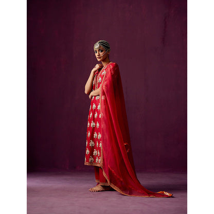 Pooja Singhal Red Chanderi Silk Kurta With Pant & Organza Dupatta (Set of 3)