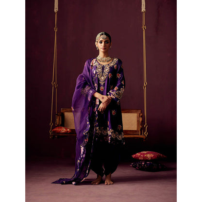 Pooja Singhal Purple Embroidered Chanderi Kurta With Dhoti Pant & Organza Dupatta (Set of 3)
