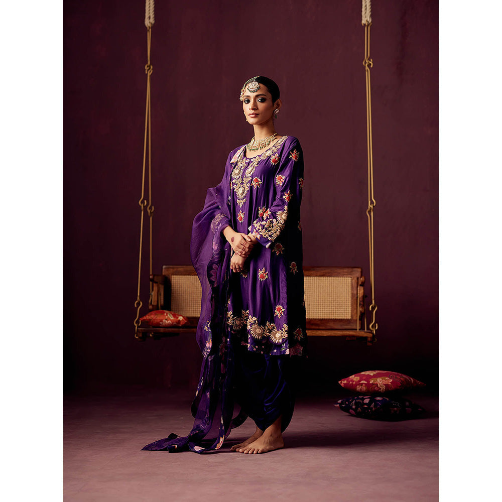 Pooja Singhal Purple Embroidered Chanderi Kurta With Dhoti Pant & Organza Dupatta (Set of 3)