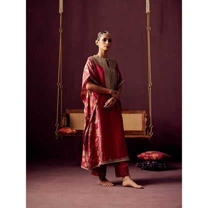 Pooja Singhal Red Kaftan With Our Signature Print & Gota And Pant (Set of 2)