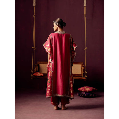 Pooja Singhal Red Kaftan With Our Signature Print & Gota And Pant (Set of 2)