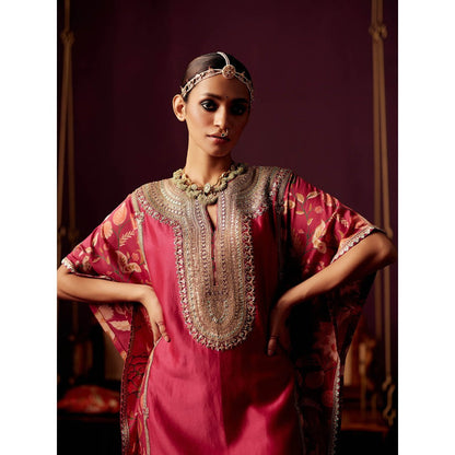 Pooja Singhal Red Kaftan With Our Signature Print & Gota And Pant (Set of 2)