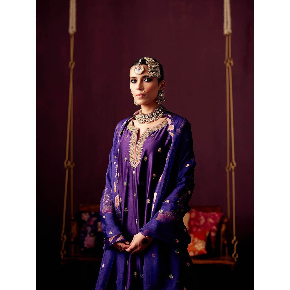 Pooja Singhal Purple Kurta With Thread And Zardozi EmbroideryPant & Organza Dupatta (Set of 3)