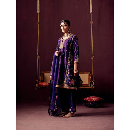Pooja Singhal Purple Kurta With Thread And Zardozi EmbroideryPant & Organza Dupatta (Set of 3)