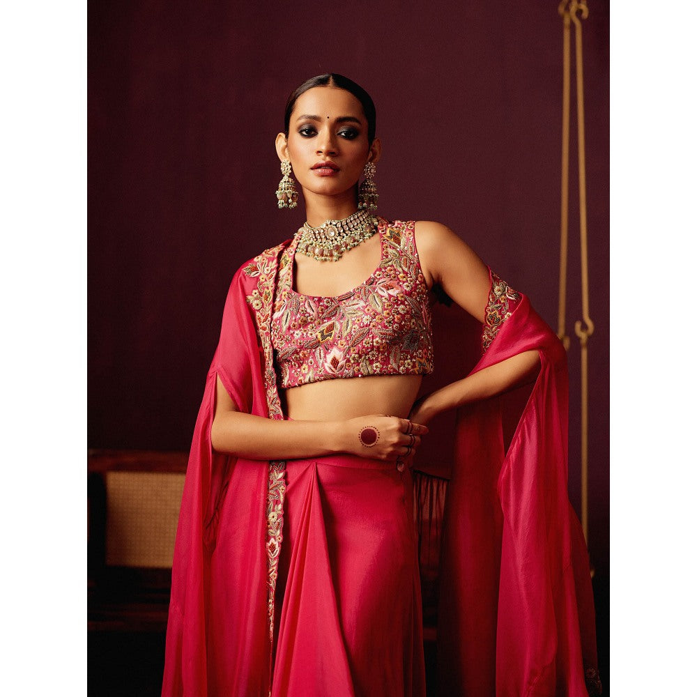 Pooja Singhal Embroidered Bustier With Drape Silk Skirt & Cape With & Back Pleating (Set of 3)