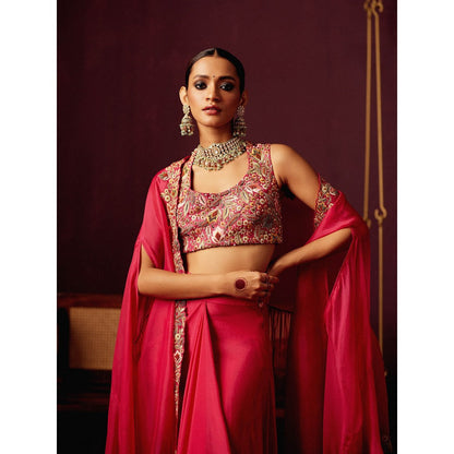 Pooja Singhal Embroidered Bustier With Drape Silk Skirt & Cape With & Back Pleating (Set of 3)