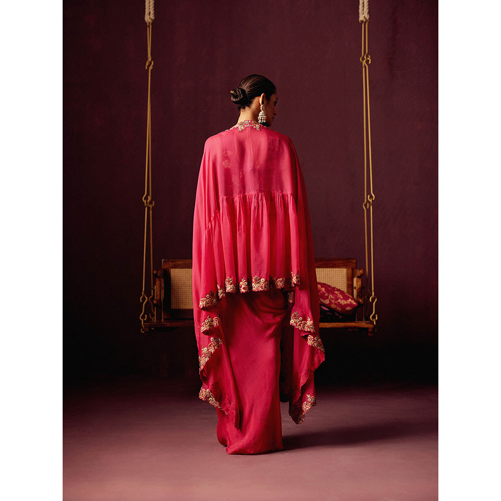 Pooja Singhal Embroidered Bustier With Drape Silk Skirt & Cape With & Back Pleating (Set of 3)