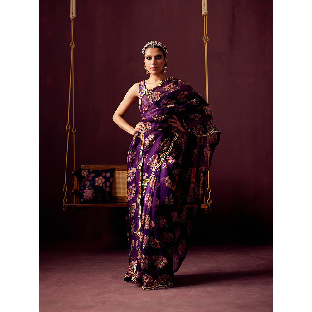 Pooja Singhal Print Organza Saree With Embroidered Stitched