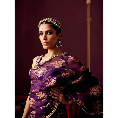 Pooja Singhal Print Organza Saree With Embroidered Stitched