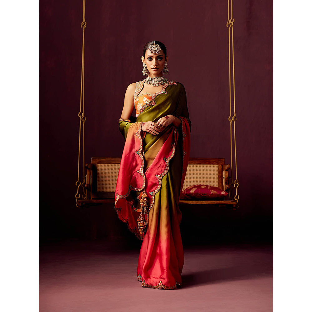 Pooja Singhal Ombre Satin Organza Saree With Embroidered Stitched