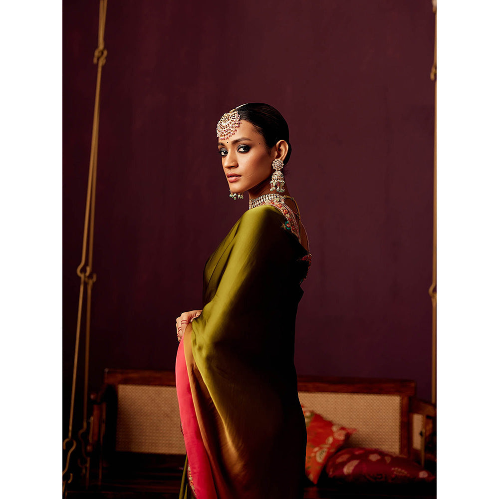 Pooja Singhal Ombre Satin Organza Saree With Embroidered Stitched