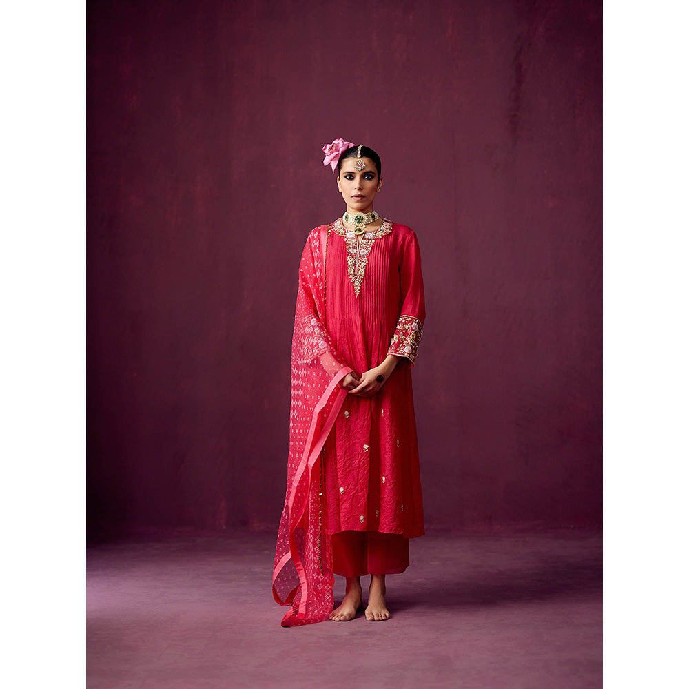 Pooja Singhal Crush Silk Kurta With Palazzos & Bandhej Print Organza Dupatta (Set of 3)