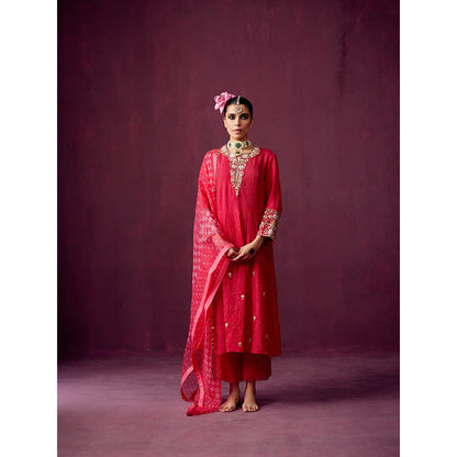 Pooja Singhal Crush Silk Kurta With Palazzos & Bandhej Print Organza Dupatta (Set of 3)