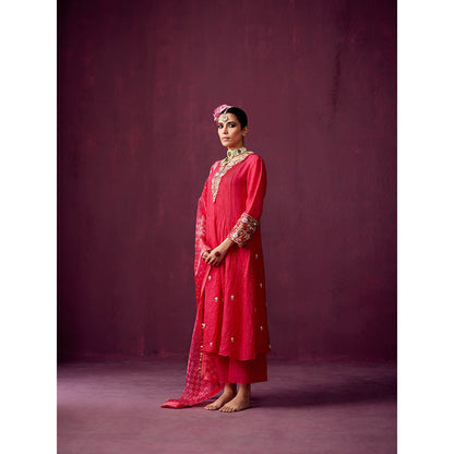 Pooja Singhal Crush Silk Kurta With Palazzos & Bandhej Print Organza Dupatta (Set of 3)