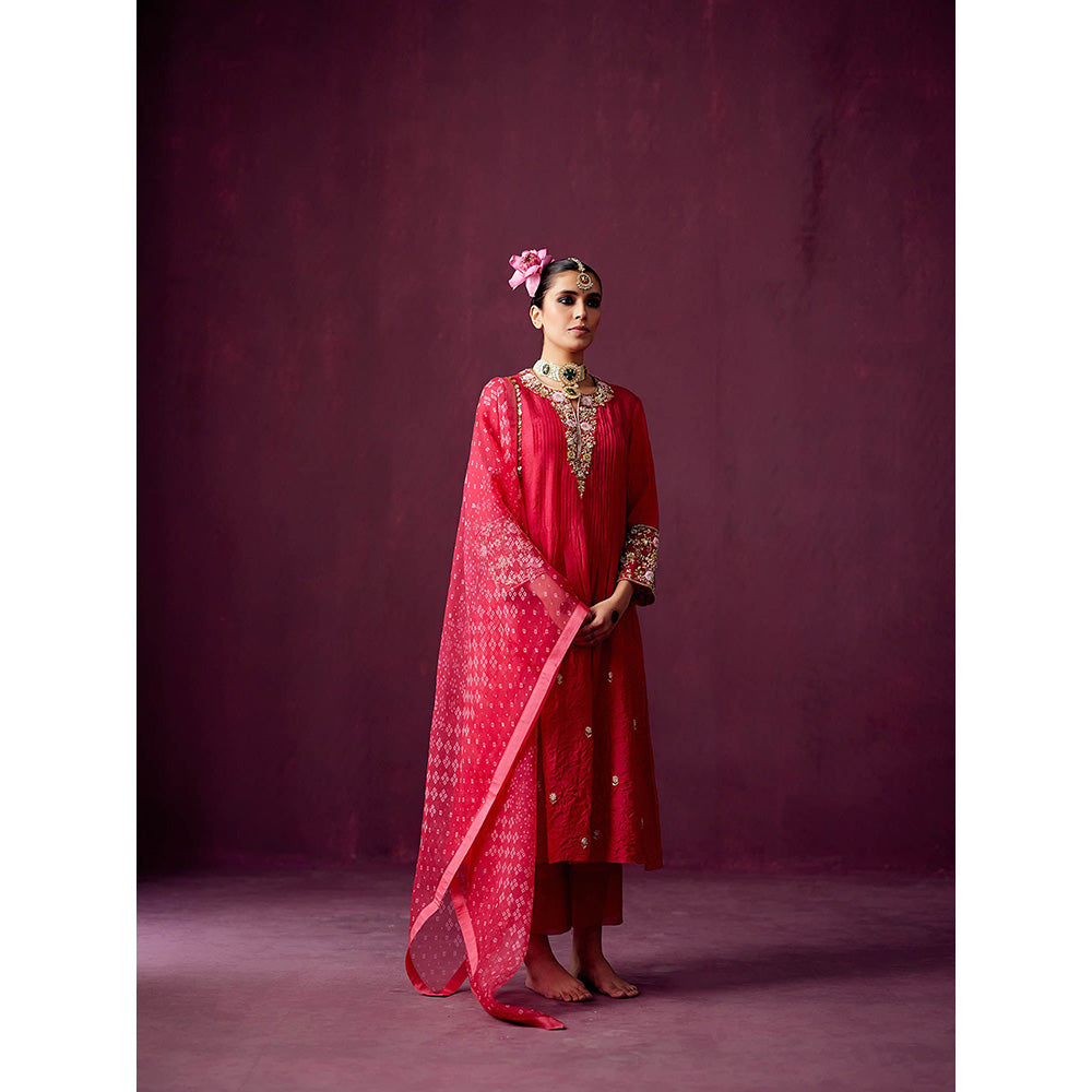 Pooja Singhal Crush Silk Kurta With Palazzos & Bandhej Print Organza Dupatta (Set of 3)