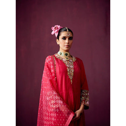 Pooja Singhal Crush Silk Kurta With Palazzos & Bandhej Print Organza Dupatta (Set of 3)