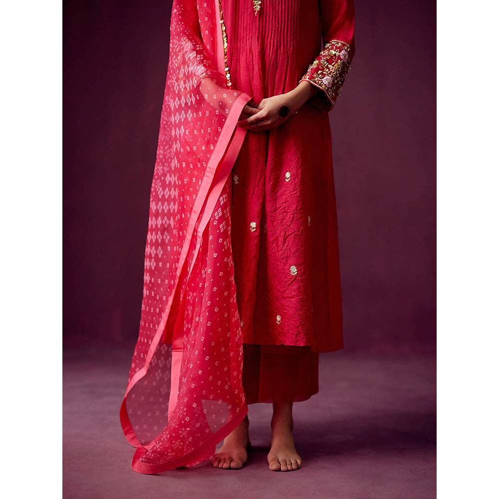 Pooja Singhal Crush Silk Kurta With Palazzos & Bandhej Print Organza Dupatta (Set of 3)