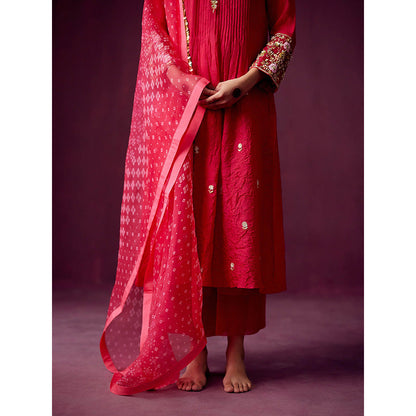 Pooja Singhal Crush Silk Kurta With Palazzos & Bandhej Print Organza Dupatta (Set of 3)