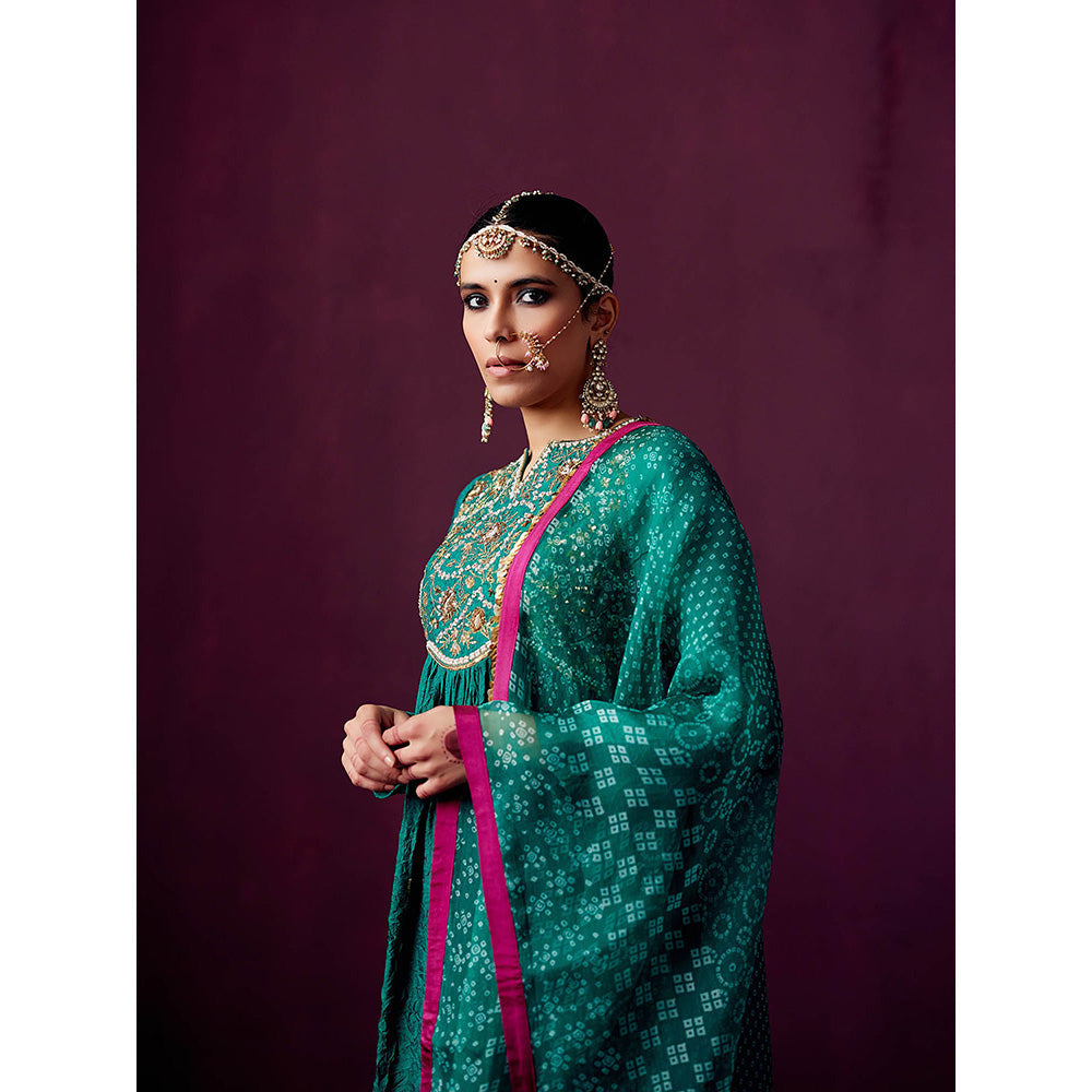 Pooja Singhal Wave Empire Line Crush Silk Anarkali With Tissue Pant & Print Dupatta (Set of 3)