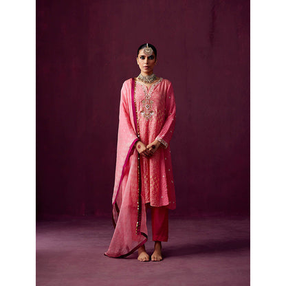 Pooja Singhal Hand Embroidered Print Silk Anarkali With Silk Pant & Organza Dupatta (Set of 3)