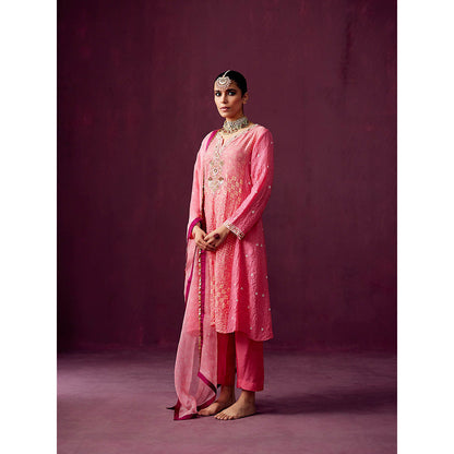 Pooja Singhal Hand Embroidered Print Silk Anarkali With Silk Pant & Organza Dupatta (Set of 3)