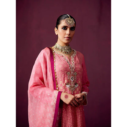Pooja Singhal Hand Embroidered Print Silk Anarkali With Silk Pant & Organza Dupatta (Set of 3)