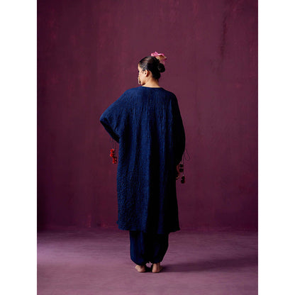 Pooja Singhal Navy Crush Silk Kaftan Kurta with Yoke Embroidery and Drape Pant. (Set of 2)