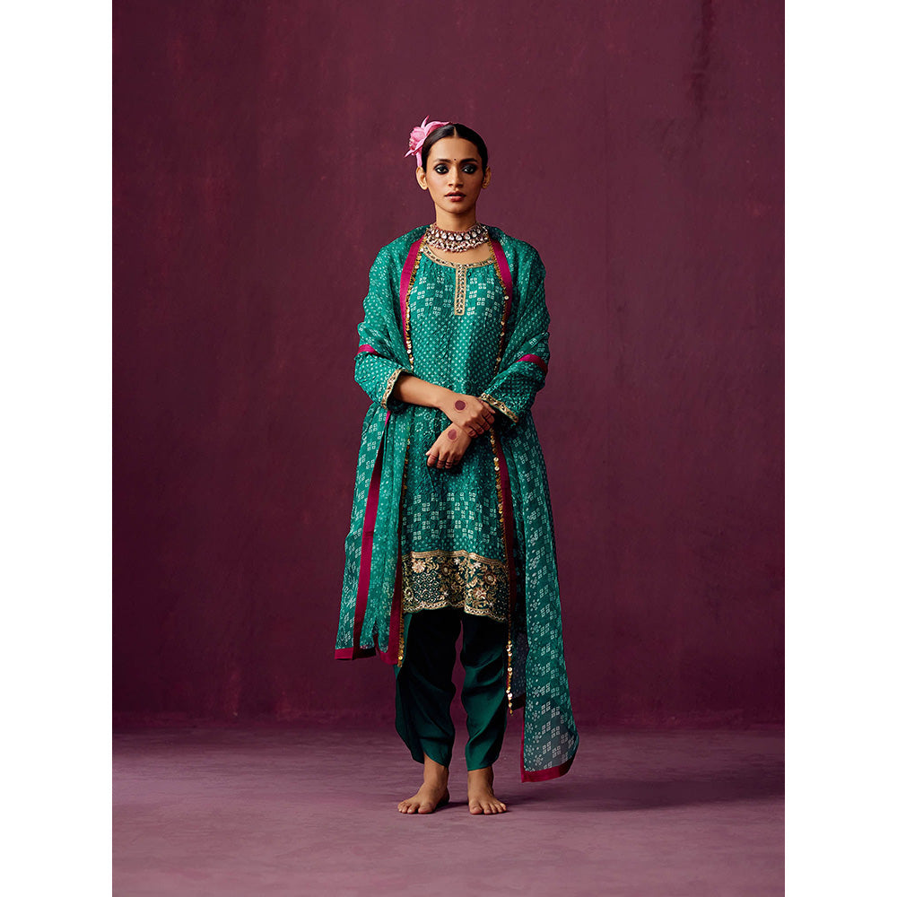 Pooja Singhal Crush Silk Bandhej Print Kurta With Silk Dhoti Pant & Organza Dupatta (Set of 3)