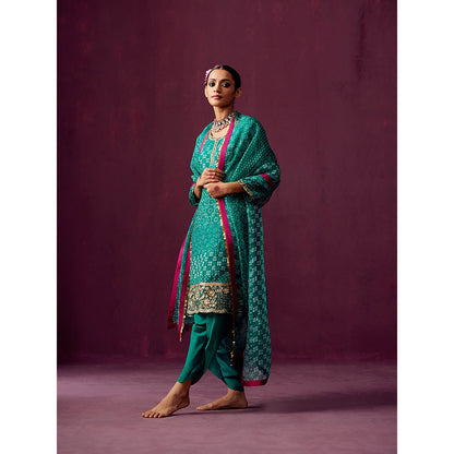 Pooja Singhal Crush Silk Bandhej Print Kurta With Silk Dhoti Pant & Organza Dupatta (Set of 3)