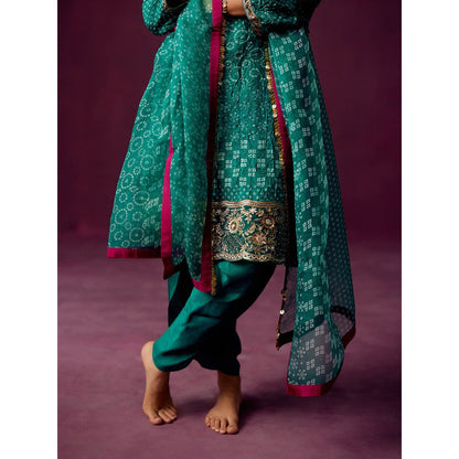 Pooja Singhal Crush Silk Bandhej Print Kurta With Silk Dhoti Pant & Organza Dupatta (Set of 3)