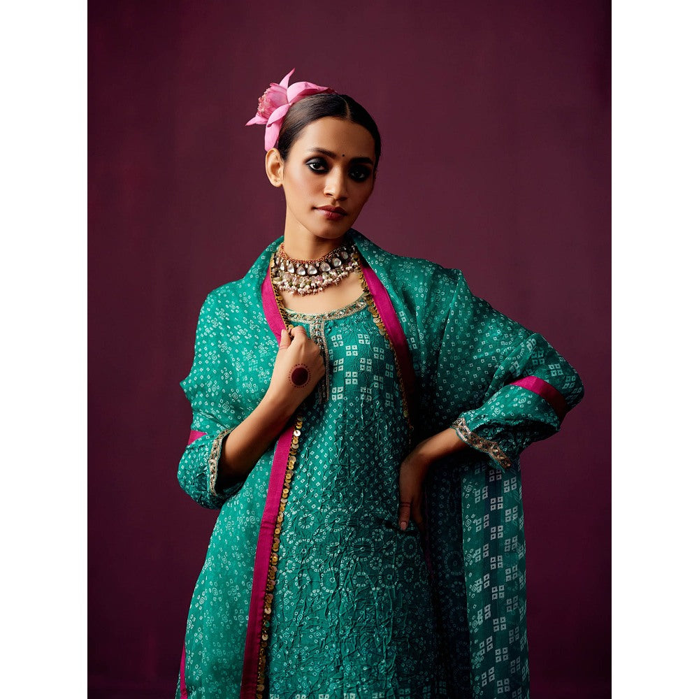 Pooja Singhal Crush Silk Bandhej Print Kurta With Silk Dhoti Pant & Organza Dupatta (Set of 3)