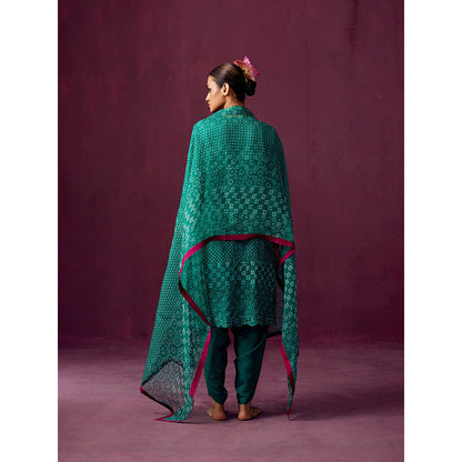 Pooja Singhal Crush Silk Bandhej Print Kurta With Silk Dhoti Pant & Organza Dupatta (Set of 3)