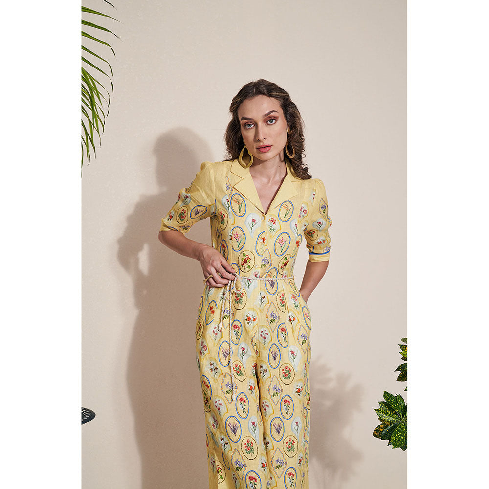 Pozruh By Aiman Moxie Printed Yellow Jumpsuit & Belt (Set of 2)