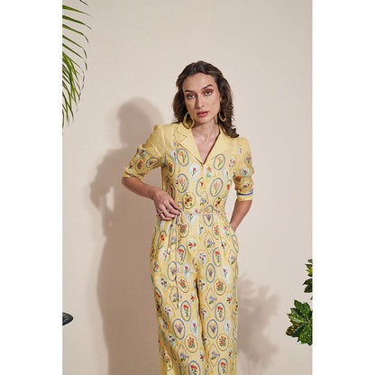 Pozruh By Aiman Moxie Printed Yellow Jumpsuit & Belt (Set of 2)