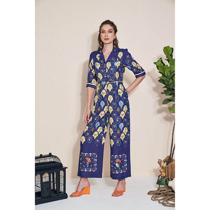 Pozruh By Aiman Moxie Printed Blue Jumpsuit & Belt (Set of 2)