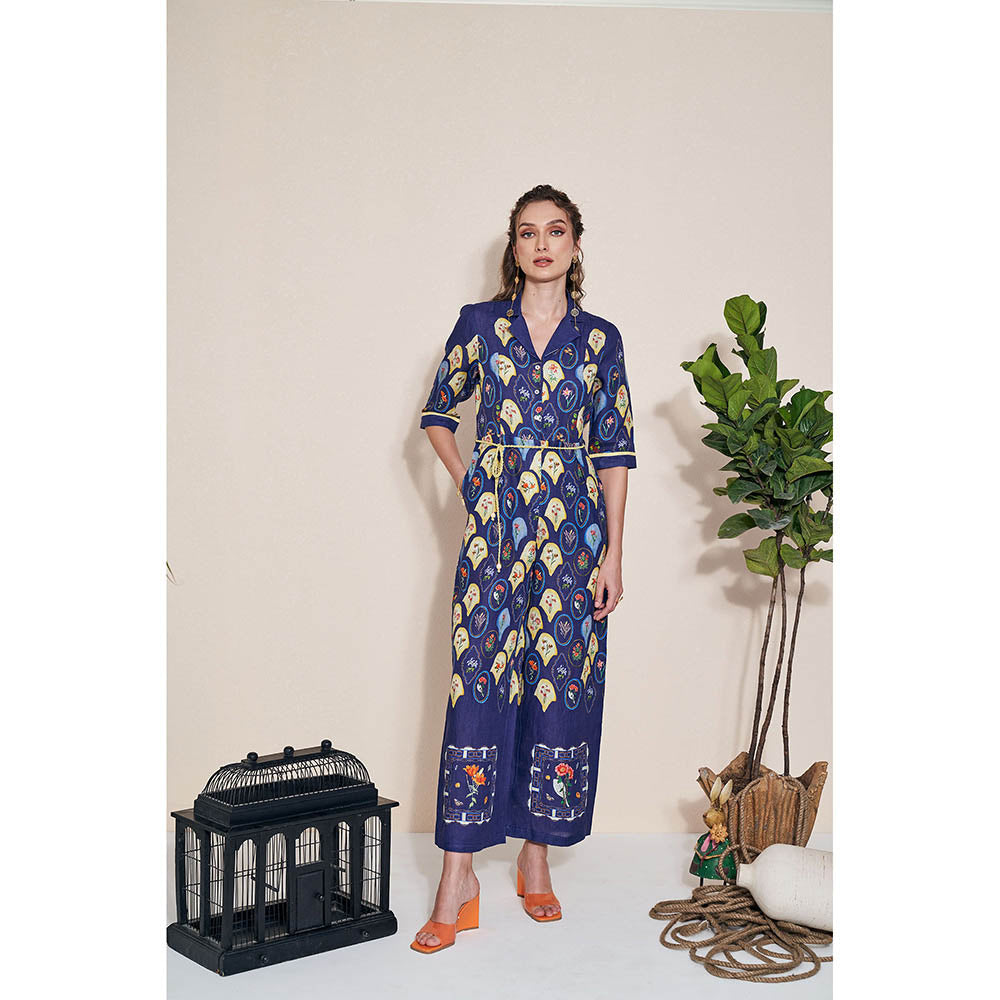 Pozruh By Aiman Moxie Printed Blue Jumpsuit & Belt (Set of 2)