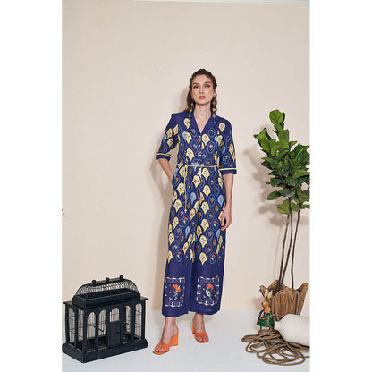 Pozruh By Aiman Moxie Printed Blue Jumpsuit & Belt (Set of 2)
