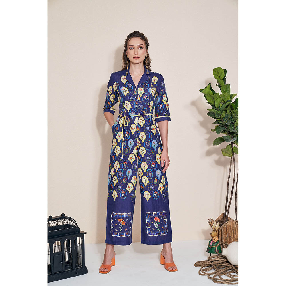 Pozruh By Aiman Moxie Printed Blue Jumpsuit & Belt (Set of 2)