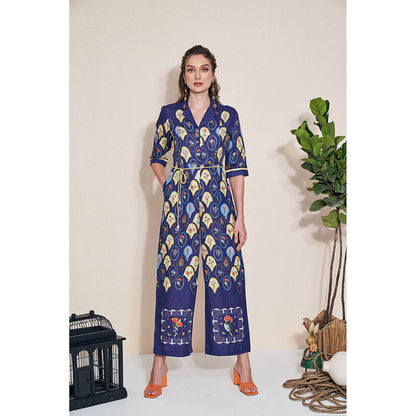 Pozruh By Aiman Moxie Printed Blue Jumpsuit & Belt (Set of 2)