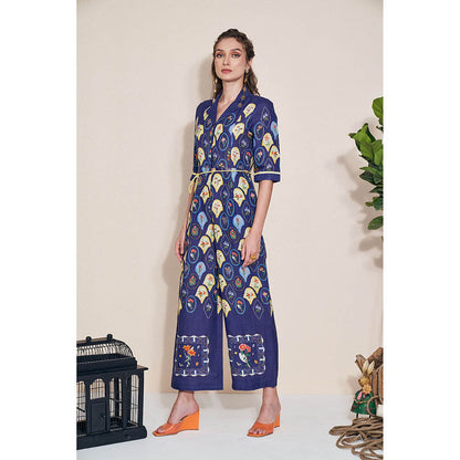 Pozruh By Aiman Moxie Printed Blue Jumpsuit & Belt (Set of 2)