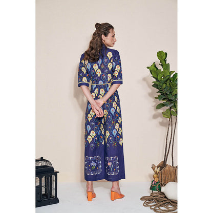 Pozruh By Aiman Moxie Printed Blue Jumpsuit & Belt (Set of 2)