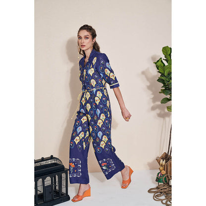 Pozruh By Aiman Moxie Printed Blue Jumpsuit & Belt (Set of 2)