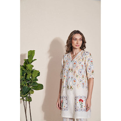 Pozruh By Aiman Magpie Off White Printed Tunic