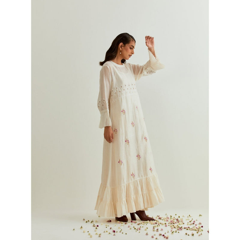 PRAMA By Pratima Pandey Floral Chanderi Ivory Dress with Inner (Set of 2)