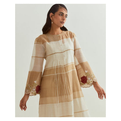 PRAMA By Pratima Pandey Stripes Chanderi Beige Kurta with Inner (Set of 2)
