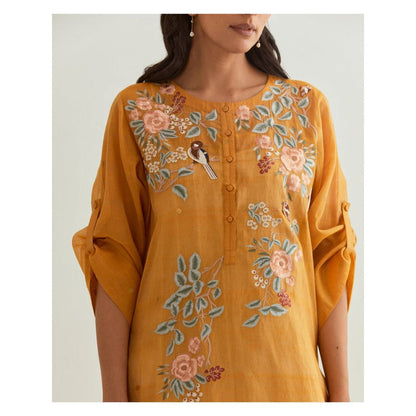 PRAMA By Pratima Pandey Floral Chanderi Mustard Kurta with Inner (Set of 2)