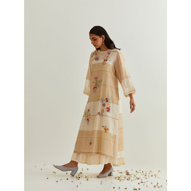 PRAMA By Pratima Pandey Floral Chanderi Beige Kurta with Inner (Set of 2)